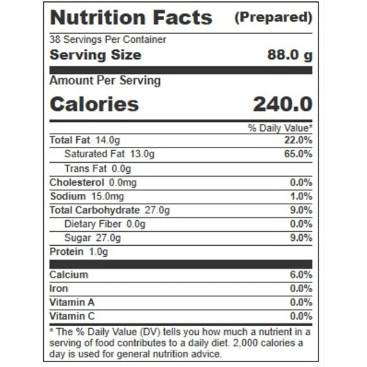 Villa Dolce VEGAN VANILLA GELATO, 1 x 5 LT Case - Nutrition facts label