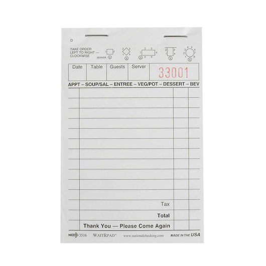 NCCO National Checking WaitRpad 3.5 Inch X 5.125 Inch 13 Line White 1 Part Guest Check, 100 per Pad, 1 x 10000 each Case
