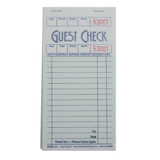 National Checking Guest Check 1 Part 3.5x6.75, 1 x 2500 each Case - Guest Checks & Register Rolls