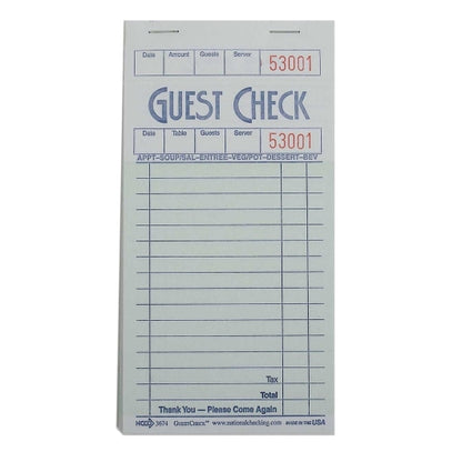 National Checking Guest Check 1 Part 3.5x6.75, 1 x 2500 each Case - Guest Checks & Register Rolls