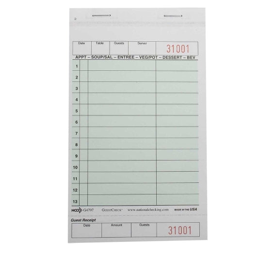 National Checking Guest National Checking 4.25 Inch X 7.25 Inch 2 Part Green Carbonless 13 Line Guest Check, 1 x 2000