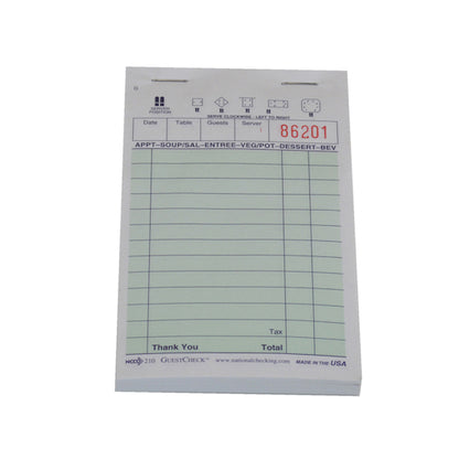 NCCO National Checking 3.5 Inch X 5.5 Inch 1 Part Green 13 Line Guest Check, 100 per Book, 1 x 10000 each Case - Guest