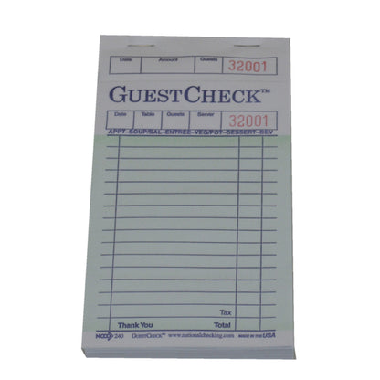 NCCO National Checking Guest Check 1 Part Green 17 Line, 50 x 100 SH Case - Guest Checks & Register Rolls