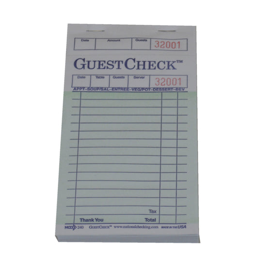 NCCO National Checking Guest Check 1 Part Green 17 Line, 50 x 100 SH Case - Guest Checks & Register Rolls
