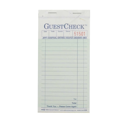 National Checking 3.5 Inch X 6.75 Inch 2 Part Carbonless Green Guest Check, 1 x 2500 each Case - Guest Checks & Register