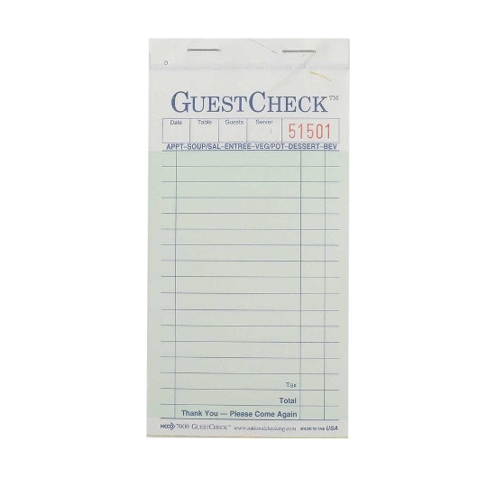 National Checking 3.5 Inch X 6.75 Inch 2 Part Carbonless Green Guest Check, 1 x 2500 each Case - Guest Checks & Register