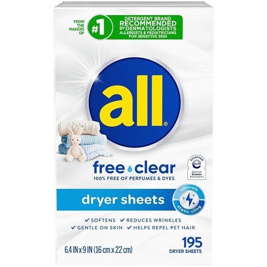 All Free Clear Dryer Sheets, 6 x 195 ct Case - Cleaners & Sanitizers - image 2