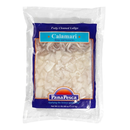 Panapesca Squid, Loligo, Raw, Frozen, Fully Cleaned, Various, Rings & Tentacles, 5/8" Cut, 4 x 2.5 lb Case - Frozen Meat