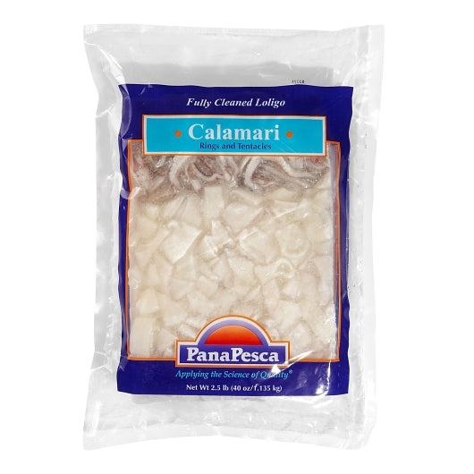 Panapesca Squid, Loligo, Raw, Frozen, Fully Cleaned, Various, Rings & Tentacles, 5/8" Cut, 4 x 2.5 lb Case - Frozen Meat