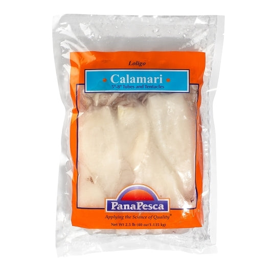 Pana Pesca Traditionally Squid, Loligo, Raw, Frozen, Traditionally Cleaned, Various, Tubes & Tentacles, 5"-8", 4 x 2.5