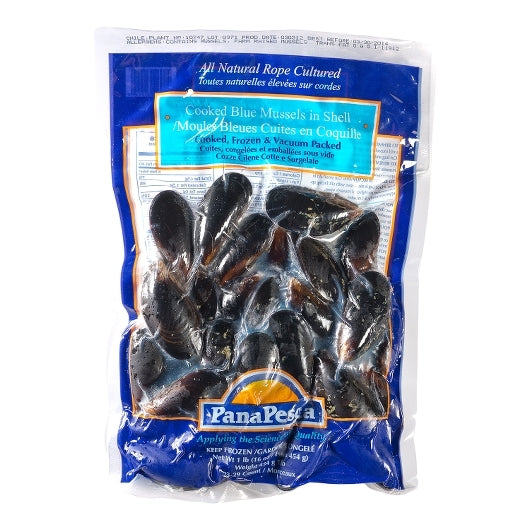Pana Pesca Blue Cooked Frozen Blue Mussels In Shell 23-29, 10 x 10 lb Case - Frozen Meat & Seafood