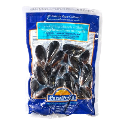 Pana Pesca Blue Cooked Frozen Blue Mussels In Shell 23-29, 10 x 10 lb Case - Frozen Meat & Seafood