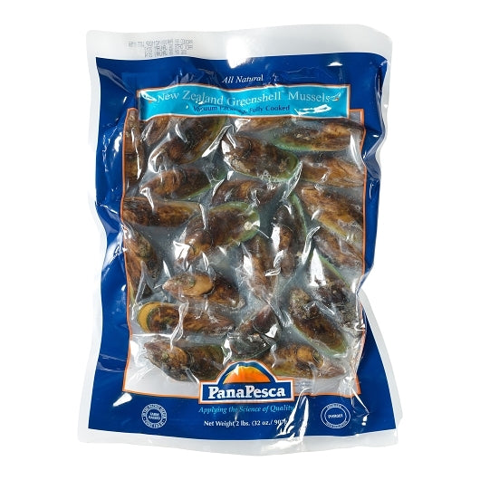 Pana Pesca New 3-5" Fully Cleaned Vacuum Pack Greenshell In Shell Mussels, 5 x 5 x 2 lb Case - Frozen Meat & Seafood