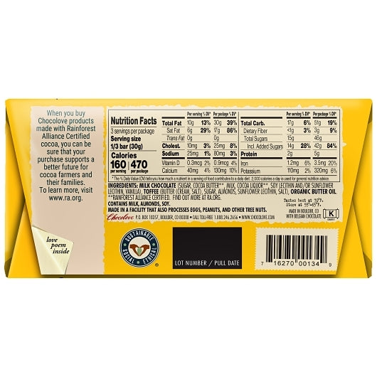 Chocolove Toffee & Almonds In Milk Chocolate, 12 x 12 x 3.2 oz Case - DOT product image 8