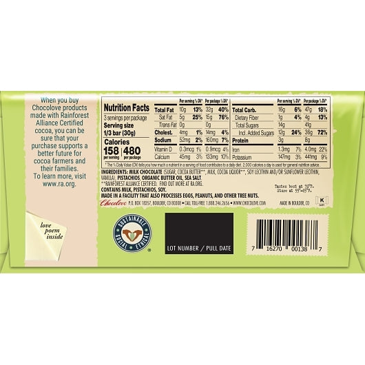 Chocolove Pistachio & Sea Salt Milk Chocolate, 12 x 3.2 oz Case - Candy & Confections