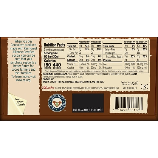 Chocolove Coffee Crunch Dark Chocolate Bar, 12 x 12 x 3.2 oz Case - DOT product image 8