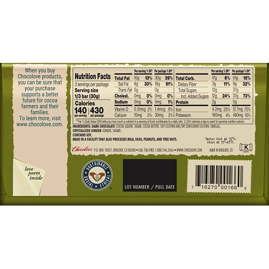 Chocolove Ginger Dark Chocolate Bar, 12 x 12 x 3.2 oz Case - DOT product image 5