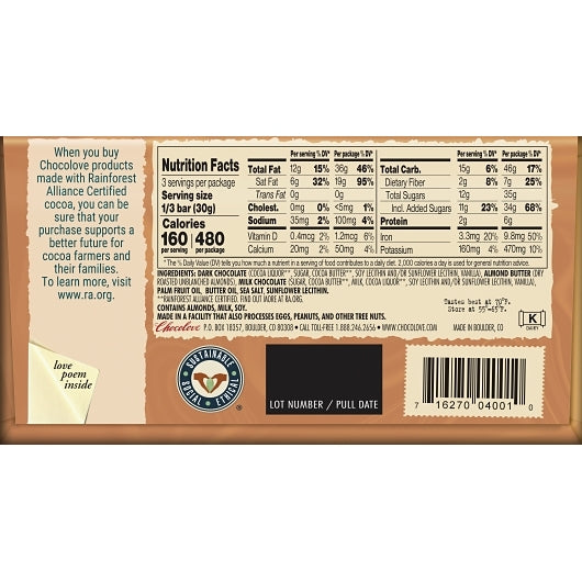 Chocolove Almond Butter In Dark Chocolate, 12 x 10 x 3.2 oz Case - DOT product image 6