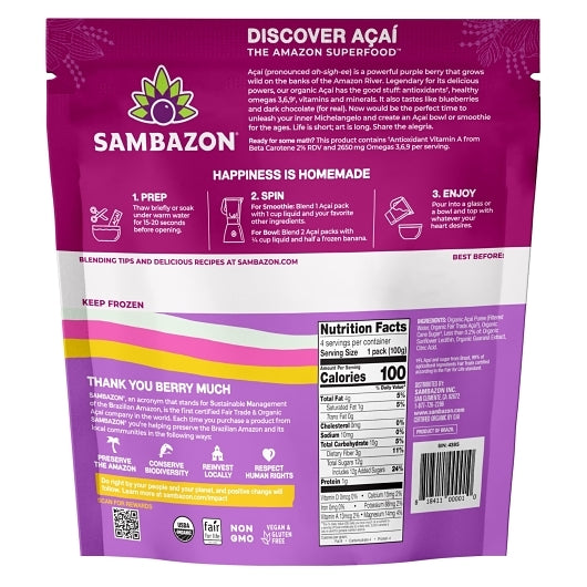 Sambazon Organic Original Blend Smoothie Superfruit Pack, 4 x 100 GR Case - DOT product image 6