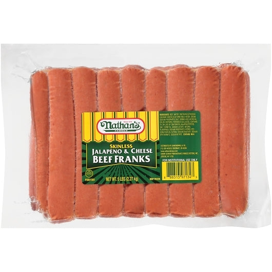 Nathans Famous Jalapeno 5:1 Jalapeno & Cheese Frank, 1 x 100 each Case - Frozen Meat & Seafood