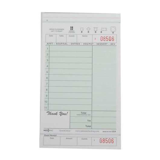 NCCO National Checking 4.25 Inch X 7.25 Inch 2 Part Green Carbonless 11 Line Guest Check, 1 x 2000 each Case - Guest