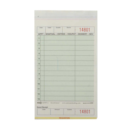 National Checking Guest National Checking 4.2 Inch X 7.25 Inch 3 Part Green Carbonless 13 Line Guest Check, 1 x 2000