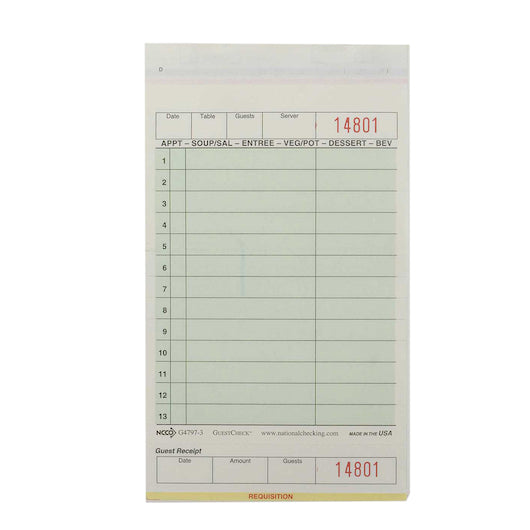 National Checking Guest National Checking 4.2 Inch X 7.25 Inch 3 Part Green Carbonless 13 Line Guest Check, 1 x 2000