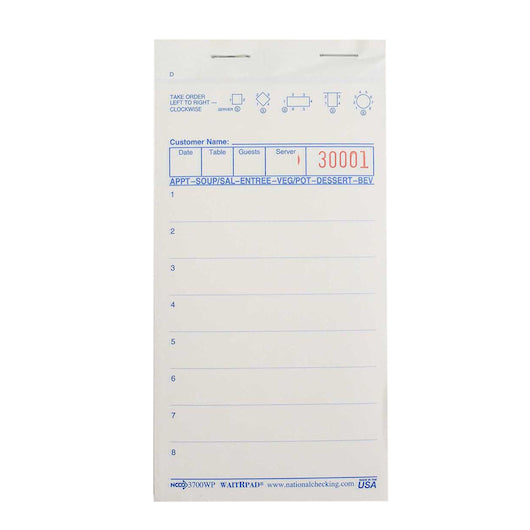 WAITER PAD NO National Checking WaitRpad 3.4 Inch X 675 Inch 11 Line White No Carbon 3 Part White Guest Check, 50 x 50 x - GS1 product shown out of package