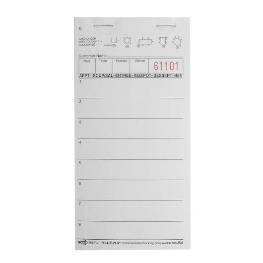 NCCO National Checking WaitRpad 3.5 Inch X 5.75 Inch 8 Line White 1 Part Guest Check, 100 per Book, 50 x 100 x 100 each