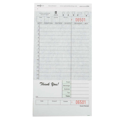 NCCO National Checking 4.25 Inch X 8.25 Inch 2 Part Carbon Green 15 Line Guest Check, 1 x 2500 each Case - Guest Checks