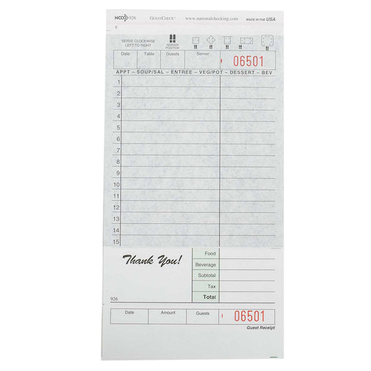 NCCO National Checking 4.25 Inch X 8.25 Inch 2 Part Carbon Green 15 Line Guest Check, 1 x 2500 each Case - Guest Checks