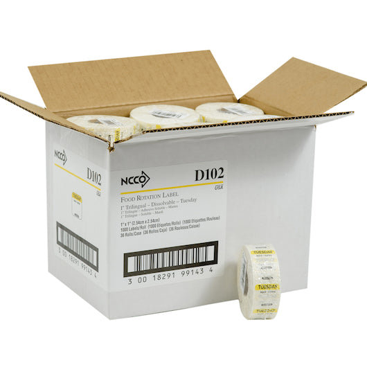 NCCO National Checking 1 Inch X 1 Inch Trilingual Yellow Tuesday Dissolvable Label, 1 x 1000 each Case - Guest Checks &