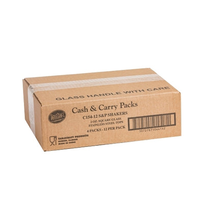Tablecraft 2 Ounce Square Glass Salt and Pepper Shaker, 4 x 12 ct Case - GS1 closed shipping case image
