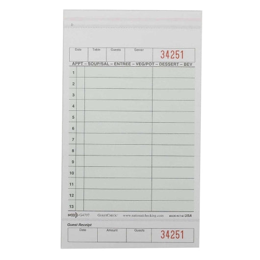 NCCO National Checking 4.25 Inch X 7.25 Inch 2 Part Green Tint Carbonless 13 Line Guest Check, 1 x 2000 each Case