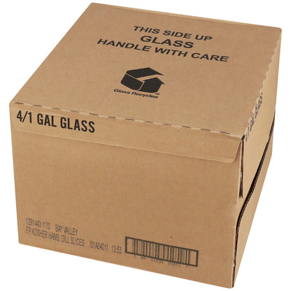 Bay Valley Kosher 320-365 Count 1/4 Crinkle Cut Fresh Pack Pickle Slice Bulk, 4 x 1 GA Case - GS1 closed shipping case image