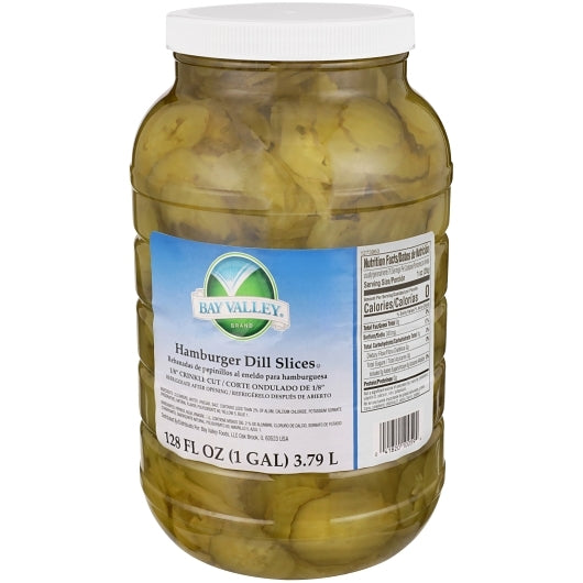 Bay Valley Dill Hamburger 614-678 Count 1/8 Crinkle Cut Pickle Slice Bulk, 4 x 1 GA Case - Condiments & Sauces