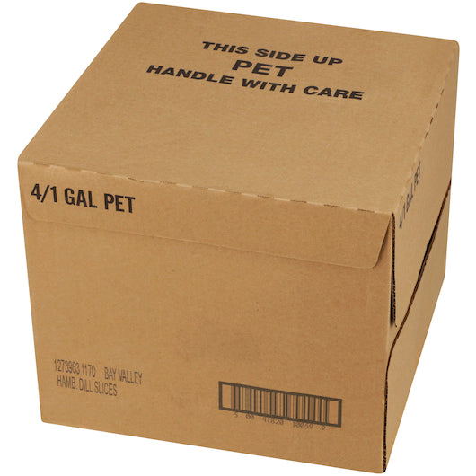 Bay Valley Dill Hamburger 614-678 Count 1/8 Crinkle Cut Pickle Slice Bulk, 4 x 1 GA Case - GS1 closed shipping case image