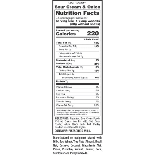 Giant Snack Sour Cream Onion Pistachios, 8 x 4.5 oz Case - Nuts & Seeds