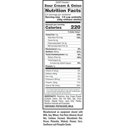 Giant Snack Sour Cream Onion Pistachios, 8 x 4.5 oz Case - Nuts & Seeds