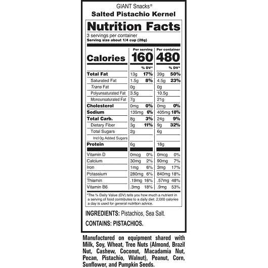 Giant Snack Inc Naked Roasted & Salted Pistachios, 10 x 3 oz Case - Nuts & Seeds