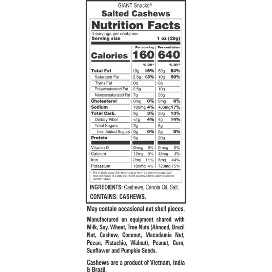 Giant Snack Giants Cashew Salted, 8 x 4 oz Case - DOT product image 6