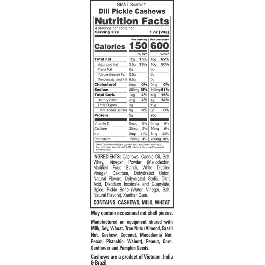 Giant Snack Giants Cashews Dill, 8 x 4 oz Case - DOT product image 6