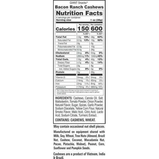 Giant Snack Giants Cashews Bacon Ranch, 8 x 4 oz Case - DOT product image 6