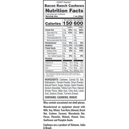 Giant Snack Giants Cashews Bacon Ranch, 8 x 4 oz Case - DOT product image 6