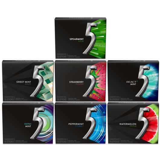 Sugar Free Gum Variety 7 Pack- Mint, Rain, Sour Strawberry, Sweet, React, Prism, Cobalt