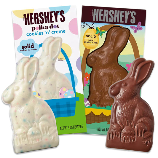 Chocolate Easter Candy Bunny 2 Pack. Set Includes 1 Milk Chocolate and 1 Cookies and Cream Flavored Chocolate Bunny.