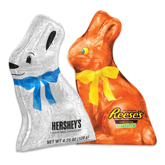 Chocolate Easter Bunny Bulk 2 Pack Variety Pack Featuring 1 Milk Chocolate and 1 Peanut Butter Chocolate Bunny.