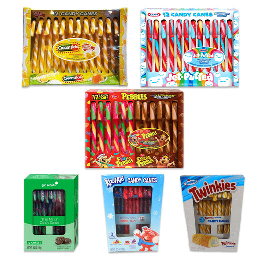 Candy Cane Variety 6 Pack of Weird Candy Cane Flavors- Girl Scout Thin Mints, Kool Aid, Twinkies, Creamsicle, Fruity Pebbles, and Jet Puffed. Crazy Flavored Candy Canes, Weird Candies (Variety)