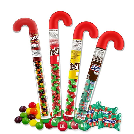 Milk Chocolate Candy Pieces, Peanut Chocolate Candy Pieces, Caramel Nougat Candy Bars, and Fruit Candy Pieces Variety Pack of 4 Christmas Candy Cane Tubes. Christmas Candy Stocking Stuffers for Kids.