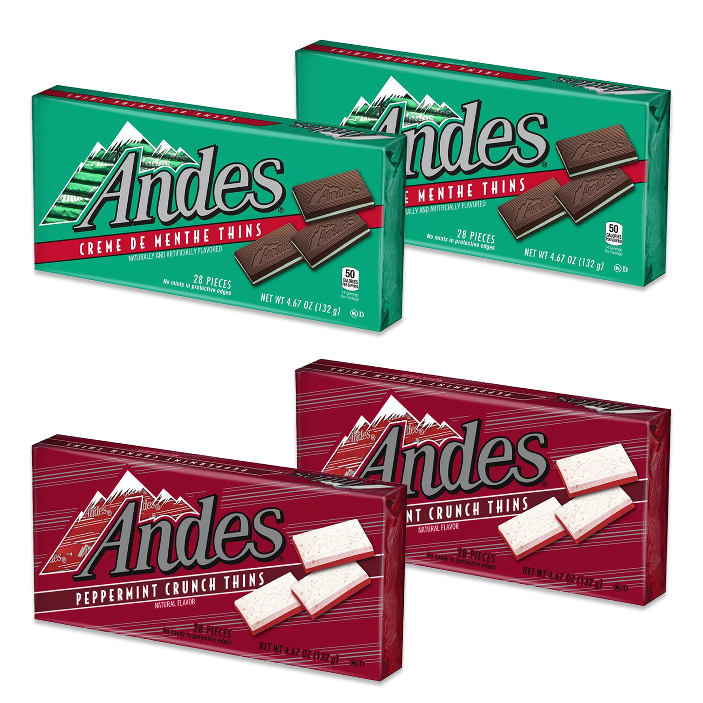 Andes Peppermint Crunch Thins and Andes Creme De Menthe Thins 2 of Each Flavor (Pack of 4)
